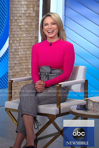 Amy's pink ribbed top and grey plaid pants on Good Morning America