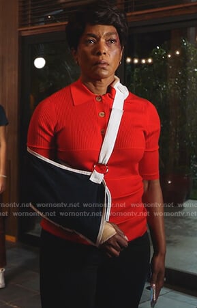 Athena’s red ribbed polo shirt on 9-1-1