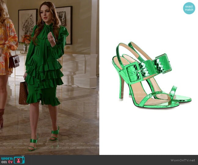 Embossed Metallic Leather Sandals by The Attico worn by Fallon Carrington (Elizabeth Gillies) on Dynasty