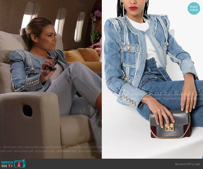 Patchwork Denim Jacket by Balmain worn by Cristal Jennings (Daniella Alonso) on Dynasty