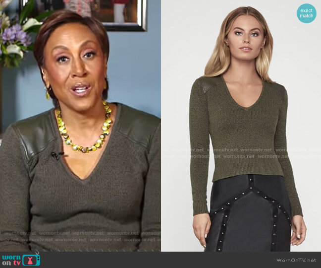 Pleather Trim Sweater by Bcbgmaxazria worn by Robin Roberts on Good Morning America