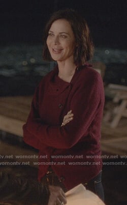 Cassie’s red asymmetric button cardigan on Good Witch