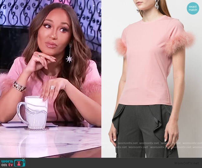 Zoie feather trim T-shirt by Cinq a Sept worn by Adrienne Houghton on The Real