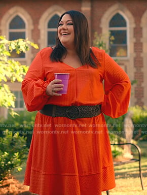 Dana's orange textured v-neck dress on Sweet Magnolias