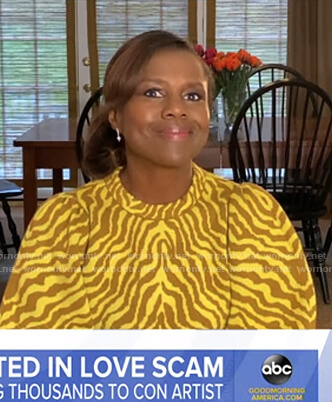 Deborah’s yellow zebra print sweater on Good Morning America