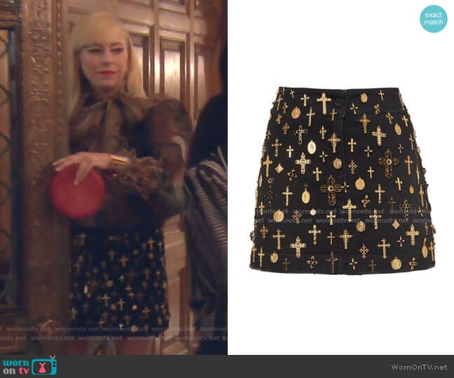 Cross-Embellished Denim Mini Skirt by Dolce & Gabbana worn by Sutton Stracke on The Real Housewives of Beverly Hills