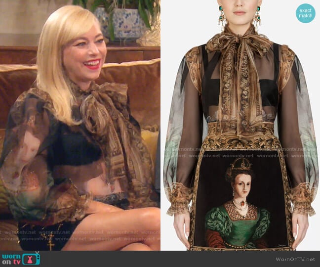 Pussy-Bow Organza Shirt With Queen Print by Dolce & Gabbana worn by Sutton Stracke on The Real Housewives of Beverly Hills