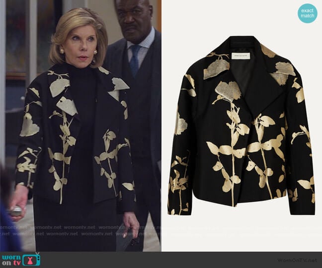 Floral Foil Blazer by Dries Van Noten worn by Diane Lockhart (Christine Baranski) on The Good Fight