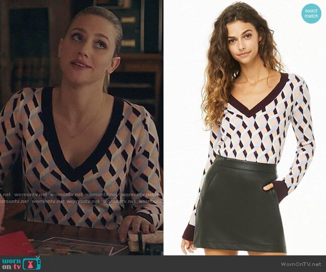 Geo Patterned V Neck Sweater by Forever 21 worn by Betty Cooper (Lili Reinhart) on Riverdale