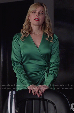 Gamemnae’s green satin wrap dress on Supergirl