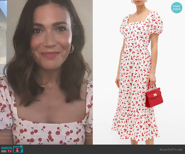 Fromer cherry-Print Cotton-Blend Poplin Dress by HVN worn by Kelly Ripa on Live with Kelly and Mark