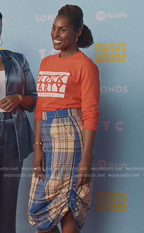 Issa's blue plaid ruched skirt on Insecure