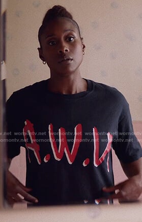 Issa's black N.W.A. print tee on Insecure