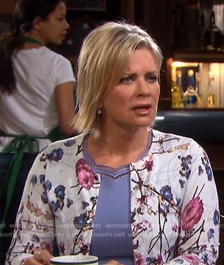 Kayla's scalloped dress and floral cardigan on Days of our Lives