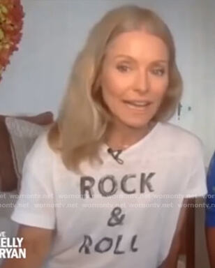 Kelly's white Rock and Roll tee on Live with Kelly and Ryan