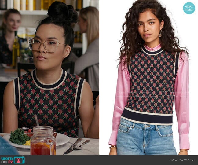 Knitted Vest Allover Graphic Pattern Combo N by Scotch & Soda worn by Doris (Ali Wong) on American Housewife