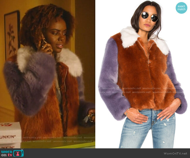 Faux Fur Jacket 413 by LPA worn by Josie McCoy (Ashleigh Murray) on Katy Keene
