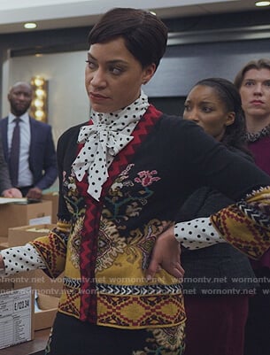 Lucca's white polka dot blouse and cardigan on The Good Fight