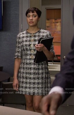 Lucca’s black check tweed dress on The Good Fight