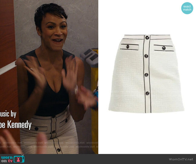 Joppy Decorative-Button Tweed Mini Skirt by Maje worn by Angela (Carly Hughes
) on American Housewife