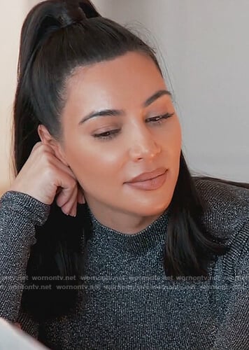 Kim’s gray metallic turtleneck top on Keeping Up with the Kardashians