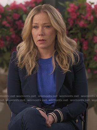 Jen’s blue double breasted blazer on Dead to Me