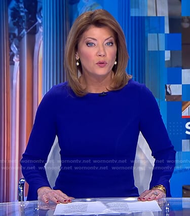 Norah’s blue side slit sheath dress on CBS Evening News