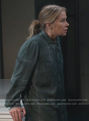 Jen's green plaid blouse on Dead to Me