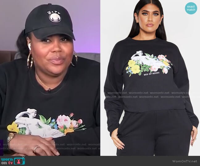 Plus Bed of Roses Slogan Sweater by Pretty Little Thing worn by Nina Parker on E! News