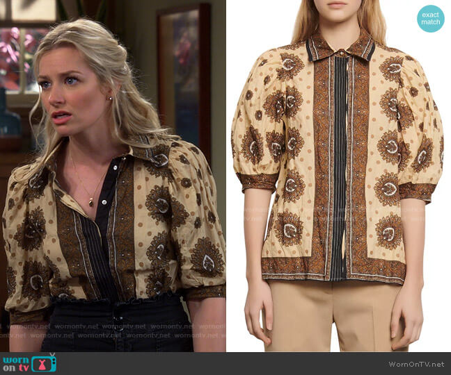 Sahari Printed Shirt by Sandro worn by Gemma (Beth Behrs) on The Neighborhood