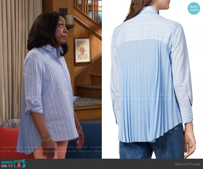 Sielle Pleated-Back Striped Shirt by Sandro worn by Tina Butler (Tichina Arnold) on The Neighborhood