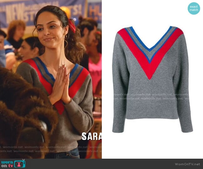 Stripe Detail V-neck Jumper by Sandro worn by Zari Tomaz (Tala Ashe) on Legends of Tomorrow