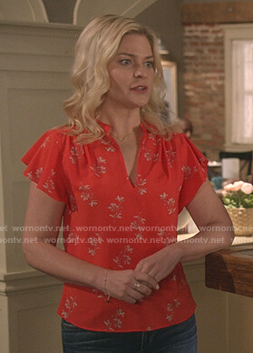 Stephanie's red floral flutter sleeve top on Good Witch