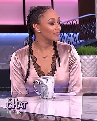 Tamera's pink satin lace trim bodysuit on The Real