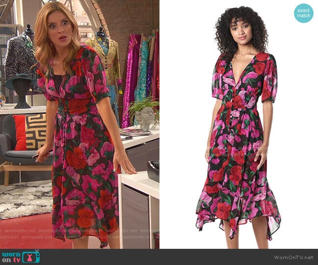 Floral Summer Silk Midi Dress by The Kooples worn by Chelsea Grayson (Anneliese van der Pol) on Ravens Home