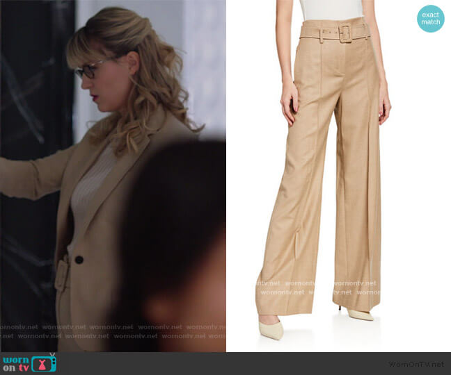 High-Waist Sleek Flannel Belted Pants by Theory worn by Kara Danvers (Melissa Benoist) on Supergirl