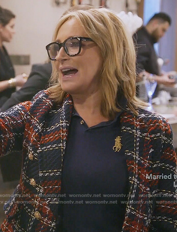 Sonja’s blue tweed plaid blazer on The Real Housewives of New York City