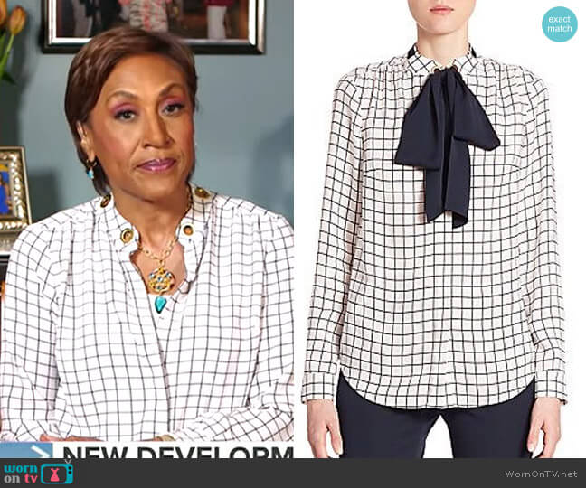 Windowpane Silk Tie-Neck Blouse by Michael Kors worn by Robin Roberts on Good Morning America