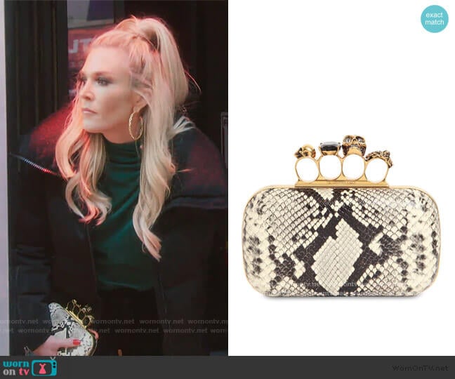 Skull Ring Python Print Leather Clutch by Alexander McQueen worn by Tinsley Mortimer on The Real Housewives of New York City