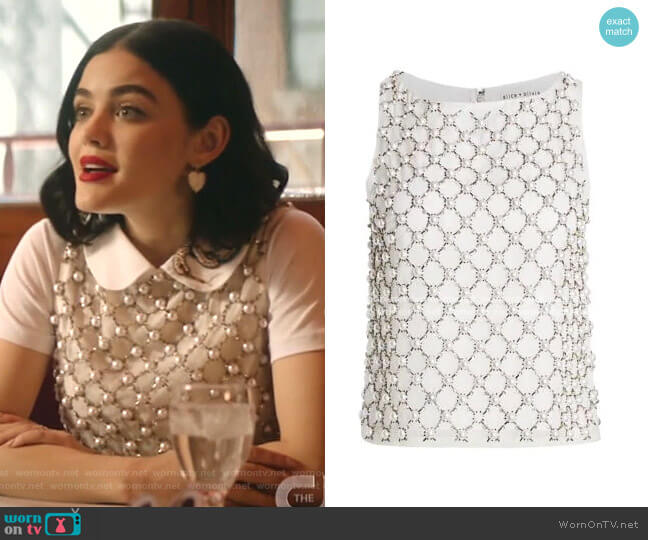 Katy’s white embellished top on Katy Keene