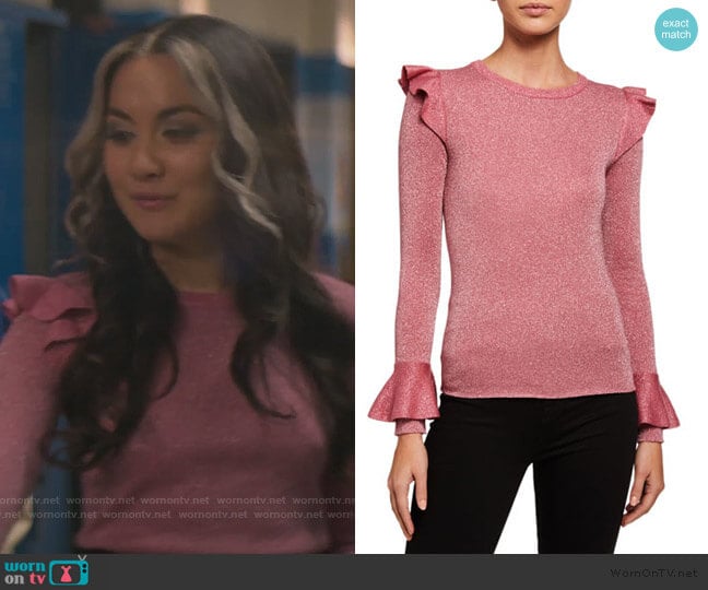 Mittie Ruffled Sweater by Alice + Olivia worn by Cindy Burman (Meg DeLacy) on Stargirl