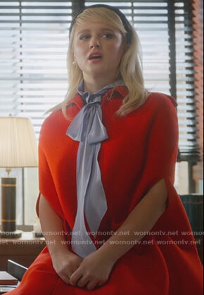 Alice's red coat and blue tie neck blouse on The Politician