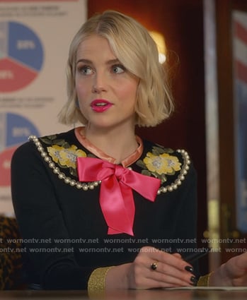 WornOnTV: Astrid's black metallic monogram print moto jacket on The  Politician, Lucy Boynton