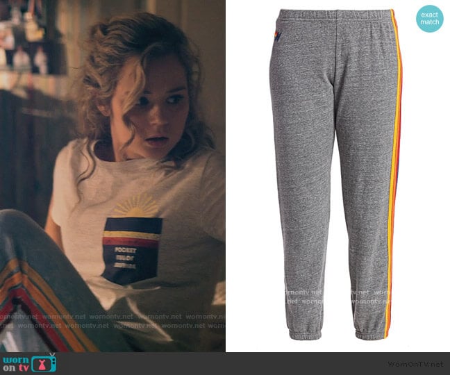 Five Stripe Sweatpants by Aviator Nation worn by Courtney Whitemore (Brec Bassinger) on Stargirl