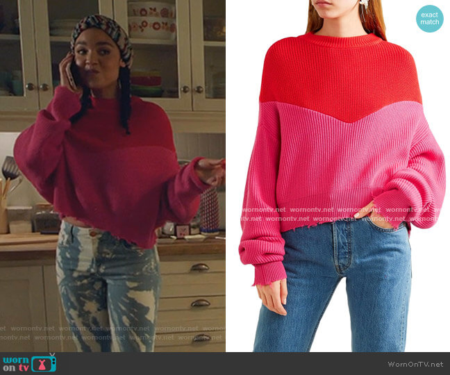 Distressed Ribbed Two-Tone Sweater by Ben Taverniti Unravel Project worn by Kat Edison (Aisha Dee) on The Bold Type