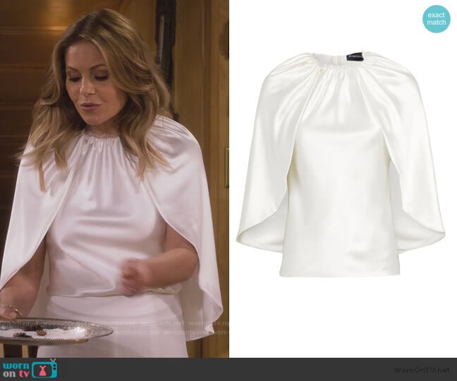 Silk Satin Cape Blouse by Brandon Maxwell worn by DJ Tanner-Fuller (Candace Cameron Bure) on Fuller House