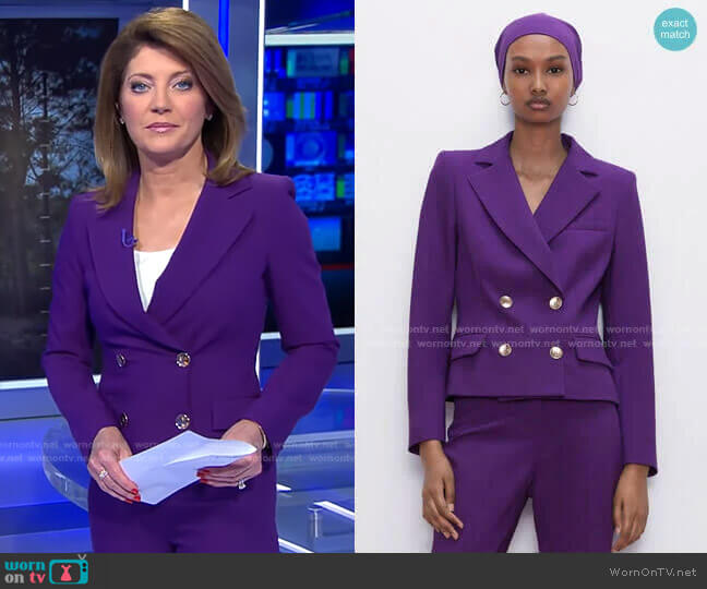 Buttoned Cropped Blazer and Mini Flare Pants by Zara worn by Norah O'Donnell  on CBS Evening News