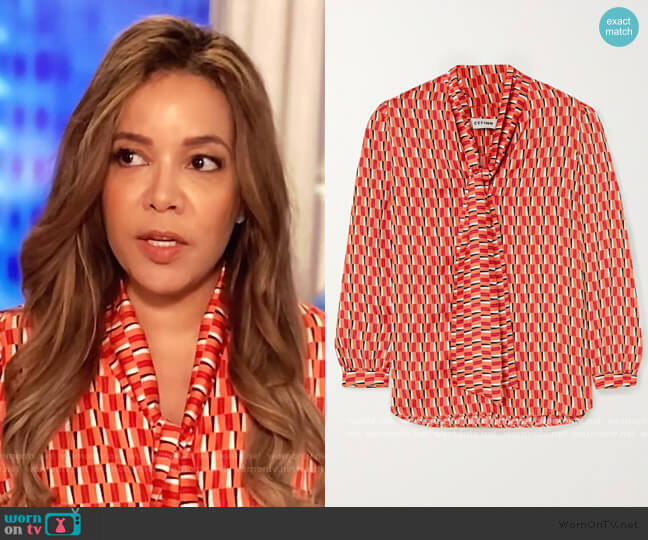 Simone pussy-bow printed satin blouse by Cefinn worn by Sunny Hostin on The View