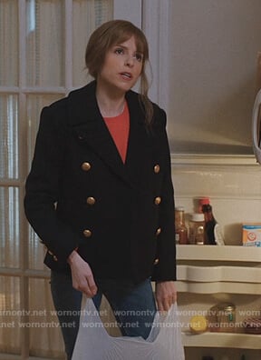 Darby’s navy double breasted coat on Love Life