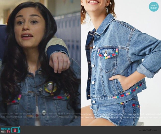 Embroidered Trim Denim Jacket by Forever 21 worn by Yolanda Montez (Yvette Monreal) on Stargirl